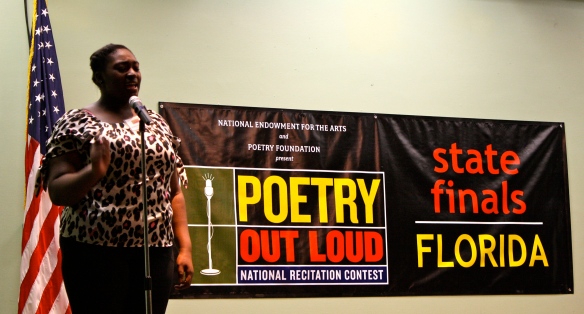 The 2013 Poetry Out Loud Florida State Finals champion Kourtney Brooker, reciting her poem during the final round.