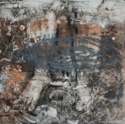 "Whirlpool Feet" etching with collograph by Sarah Crooks Flaire, 22”x22”
