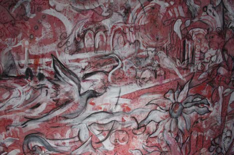 "Red Pearl River" by Sarah Crooks Flaire, charcoal and gesso on cotton with waterbased dye and handsewing cotton thread.